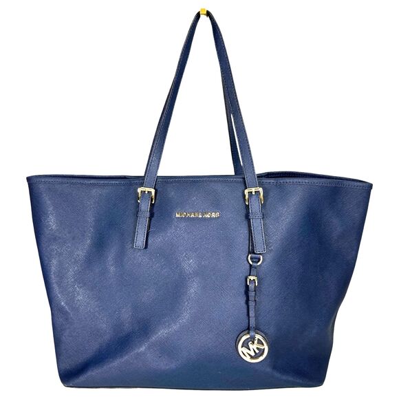 Michael Kors Jet Set Saffiano Leather Navy Blue Tote Bag Purse Handbag Travel - Picture 1 of 4